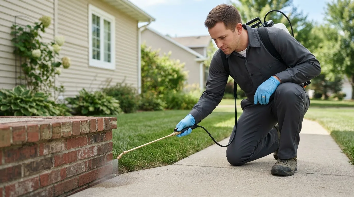 Pest control technician treating a home near Kentland, IN